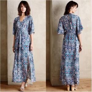 Anthropologie Maeve Silk Tilework Maxi Dress Blue Boho Romantic Sz 6 Bohemian